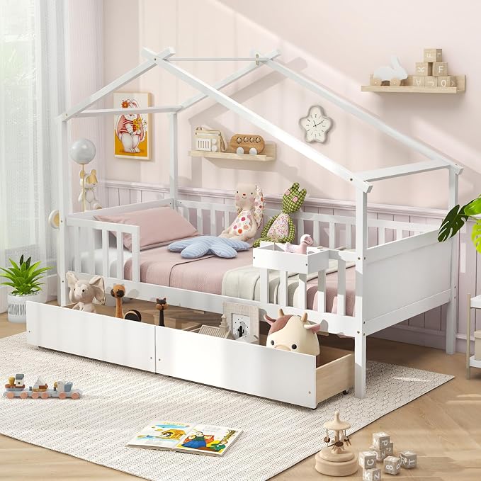 Giantex Twin House Bed with Drawers, Wooden Twin Bed Frame with Cube Storage & Fence Rails, Montessori Beds for Kids Boys, Girls, Bedroom, Living Room, No Box Spring Needed, White
