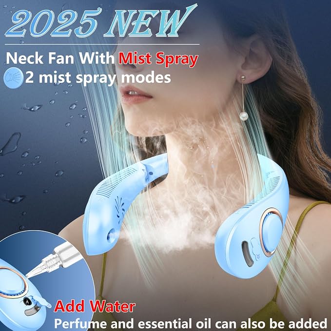 Neck Fan with Mist,Foldaway Neck Fan with Mist,Personal Fan for Neck Wearable Hanging around,Cordless Neck Coolers for Female Male Kids Dad Mom Extremely Hot Weather Light Blue