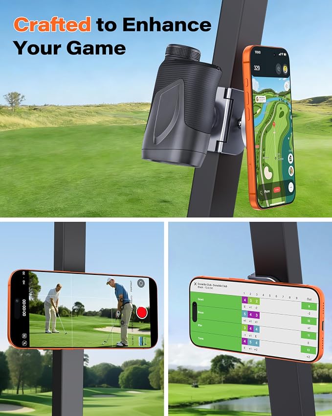 A2C Original Fold-Magnet Golf Cart Phone Holder with Rangefinder Mount, CNC Aircraft-Grade Aluminum Alloy, Premium Fathers Day Golf Gifts for Men Dad Him Women, Golf Accessories Essentials Gadgets