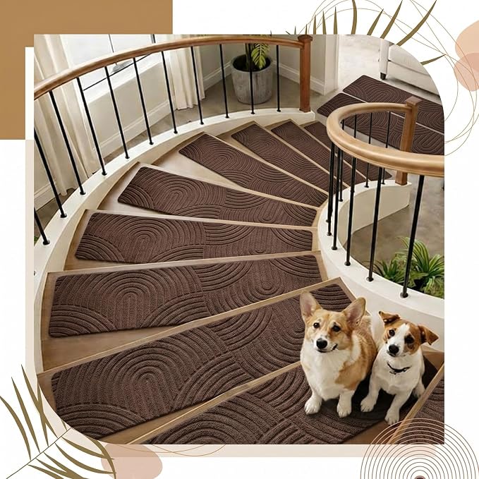 Dunzy Non Slip Stair Treads for Wooden Steps Indoor 15 Pack 8"x30" Boho Stair Treads with Reusable Adhesive Runner Rugs, 3D Peel, for Elders and Dogs, Pets, Coffee