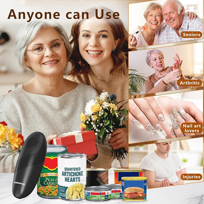 SAKAMOSH Electric Can Opener Smooth Edge | Seniors-friendly One-Touch Operation, Safe & Smooth Edges, Fits Most Cans, Ideal Kitchen Gift, Battery Operated, Black