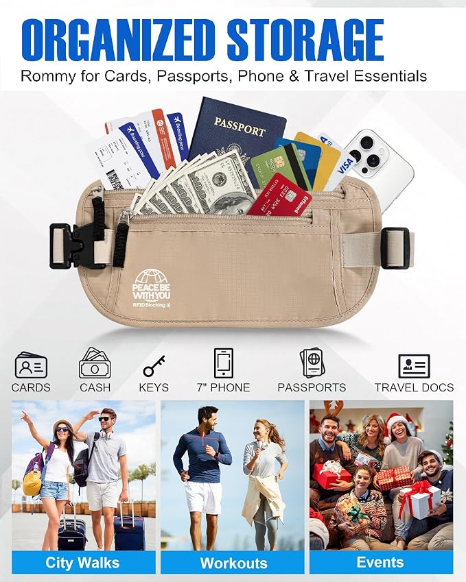 Money Belt for Travel, Passport Holder, RFID Blocking, Sweat-Proof, Beige | 3rd Gen Hidden Waist Wallet Anti Theft to Protect Cash, Credit Cards and Documents Under-Clothes for Men & Women, Bamneat
