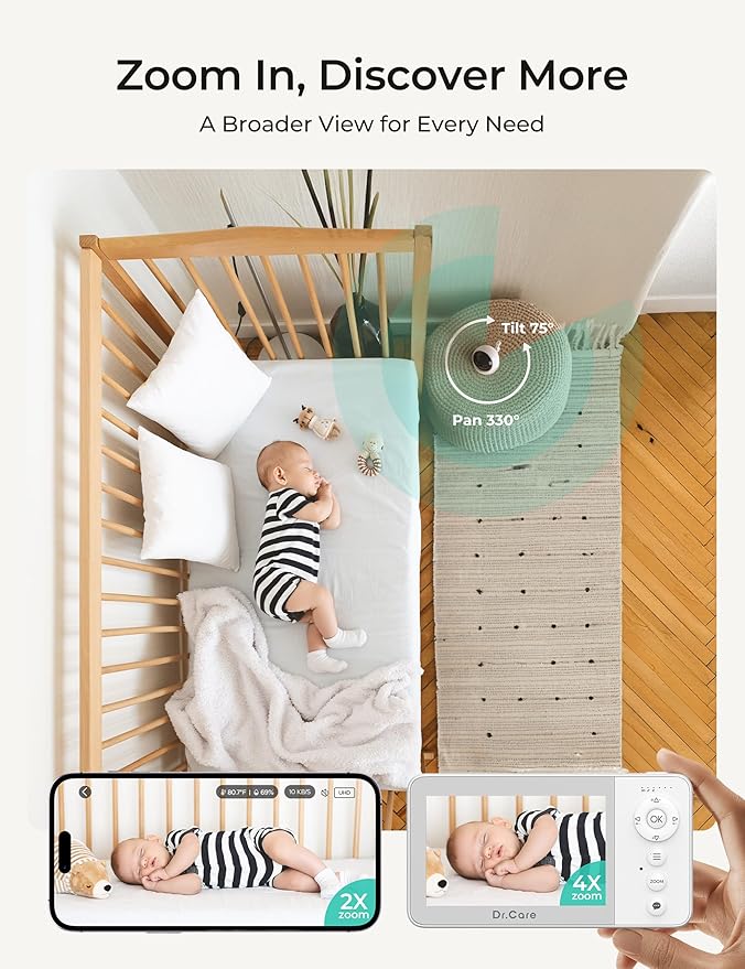 Dr.Care VistaView Lite RB Smart WiFi Baby Monitor with 2 Cameras - 4” 720P Split Screen & 1080P Camera App Control, Motion Alerts, 2500mAh Removable Battery, Night Vision, Multi-User, Triple Security