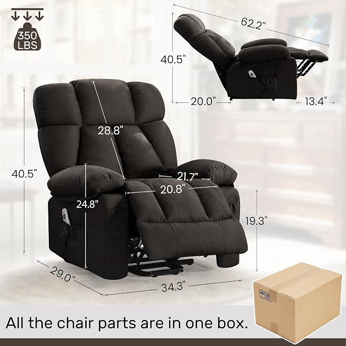 Power Lift Recliner Chair for Elderly, Big and Tall Lift Chair with Massage and Heat for Living Room, Fabric Electric Recliner Chairs with 4 Side Pockets, USB Charge Port,Black