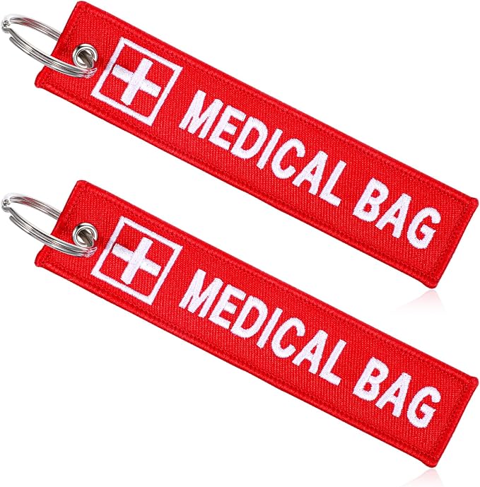 2 Pcs Medical Alert Tag for Bag, Medical Equipment Luggage Tag, Double-Sided ID Tags Keychains, Red Key Tags for Backpack Luggage, Purse