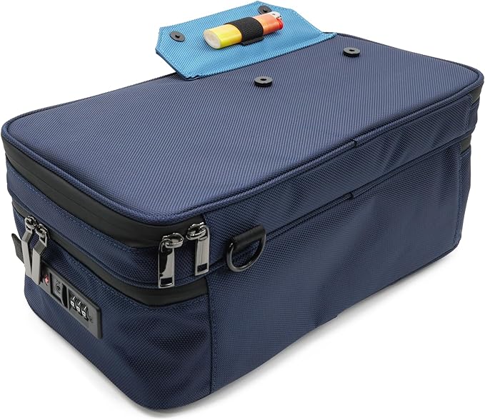 Large Storage Case with TSA Combination Lock Bag, Portable Carbon Lined, XL Medicine Lockable Box for Travel & Home Secured Box Organizer Divider Jars Accessories, Removable Tray (Blue)