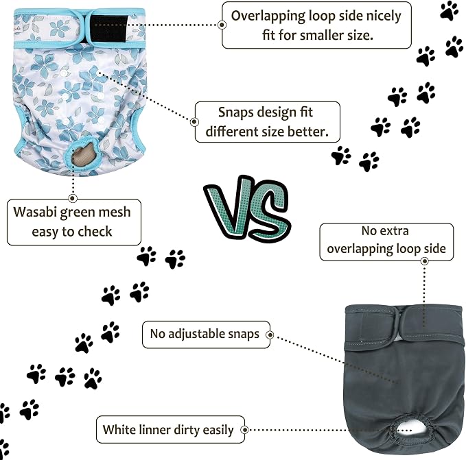 Washable Female Dog Diapers (3 Pack) - No Leak Reusable Diapers for Doggy Female in Period - Highly Absorbent Dog Heat Panties with Adjustable Snaps S