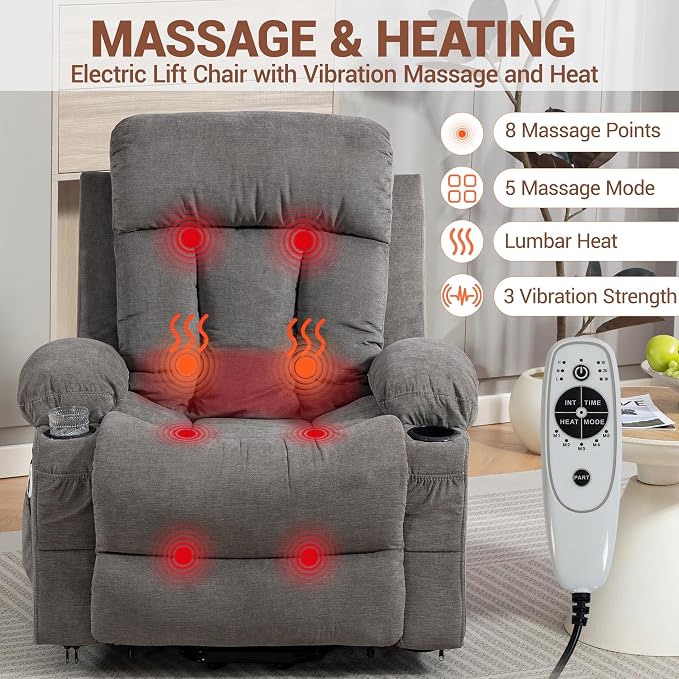 Power Lift Recliner Chair for Elderly, Electric Lift Chair with Vibration Massage and Lumbar Heat, Reclining Chair with USB Charging Port, Cup Holders, Ergonomic Sofa for Living Room, Grey