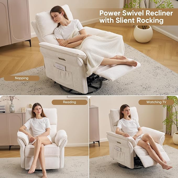 Power Nursery Recliner with Auto Rocking,Oversized Swivel Rocker Recliner with Massage and Heat,Glider Recliner Nursery Chair with Adjustable Headrest for Living Room and Bedroom,White