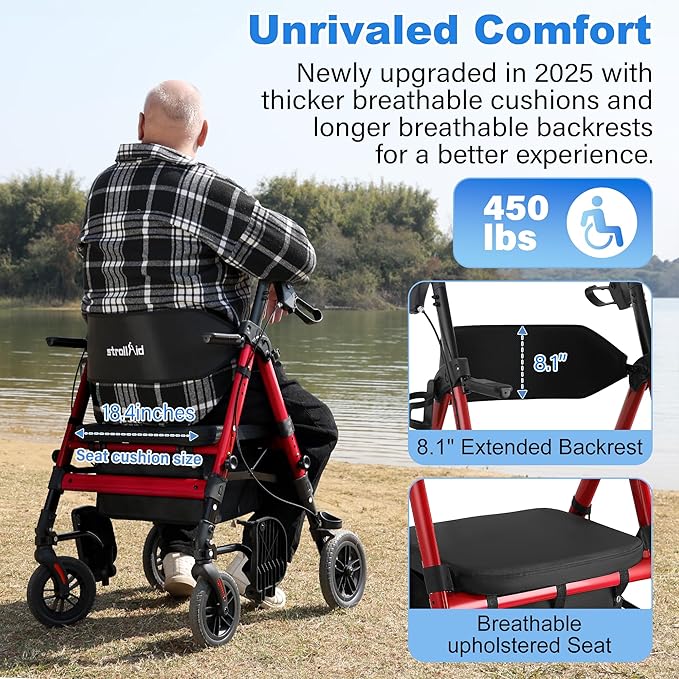 Walkers for Seniors,Heavy Duty Rollator Walker Wheelchair Combo, 2 in 1 Rollator Transport Chair with Brakes, 450 lb Rolling Walker 10" Big Wheels for All Terrain, Red