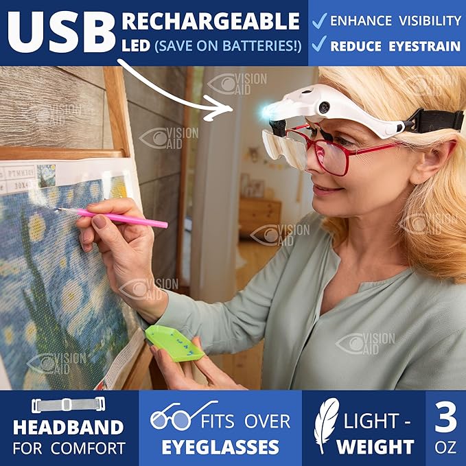 Vision Aid Magnifying Glasses with LED Light, 5 Lenses, Headband, Storage Case | Hands Free Lighted Head Mount Magnifier for Hobby Crafts Macular Degeneration Cross Stitch Diamond Painting Close Work