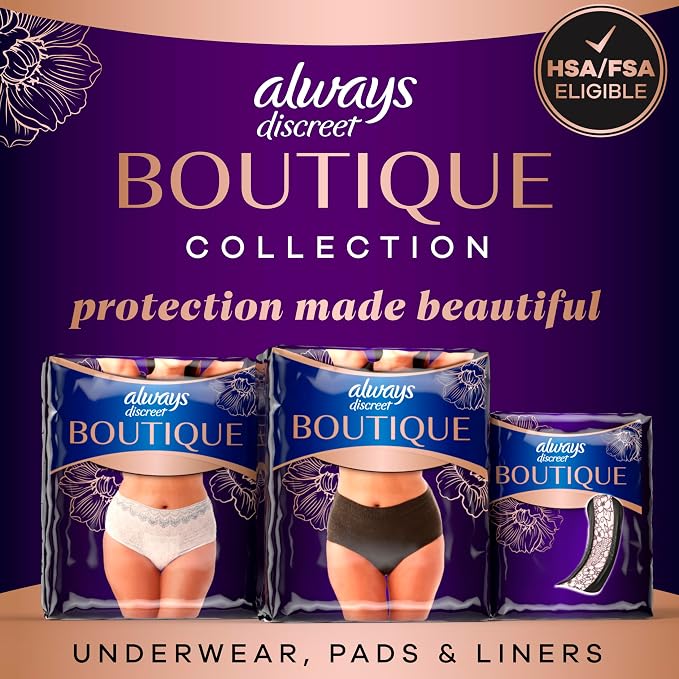 Always Discreet Boutique Incontinence and Postpartum Underwear for Women, Maximum Protection, Large, Black, 18 Count