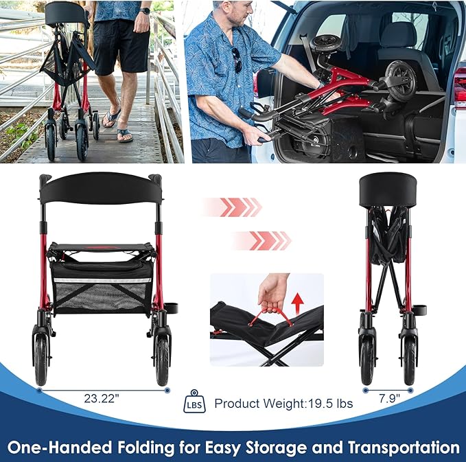 Walkers for Seniors, Rollator Walker with Seat, 10" Rubber Wheels All Terrain Rollator Walker with Backrest, Aluminum Walkers Built-in Cable, Foldable and Adjustable Height for Seniors, Red