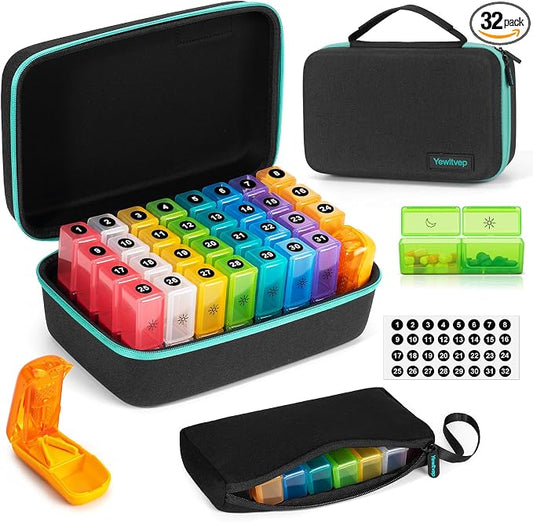 Monthly Pill Organizer 2 Times a Day with Weekly Pill Bag, 30 Day Pill Organizer 2 Times a Day with Large 31 Compartments, Monthly Stickers, Pill Cutter, Hard Travel Case Medicine Vitamins Case