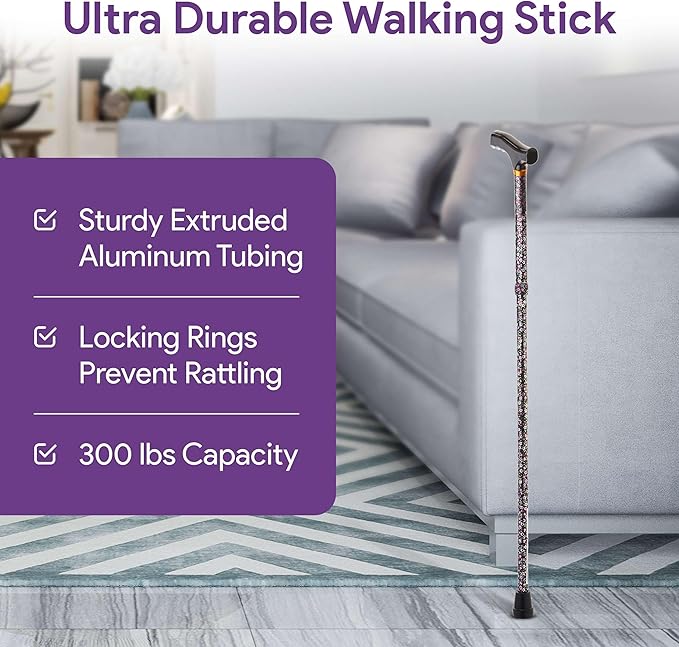 Folding Walking Cane for Women and Men - 33" - 37" Adjustable Height Aluminum Walking Stick for Stability and Balance - Folds Compactly to Four Parts for Travel and Storage - Black Floral Design