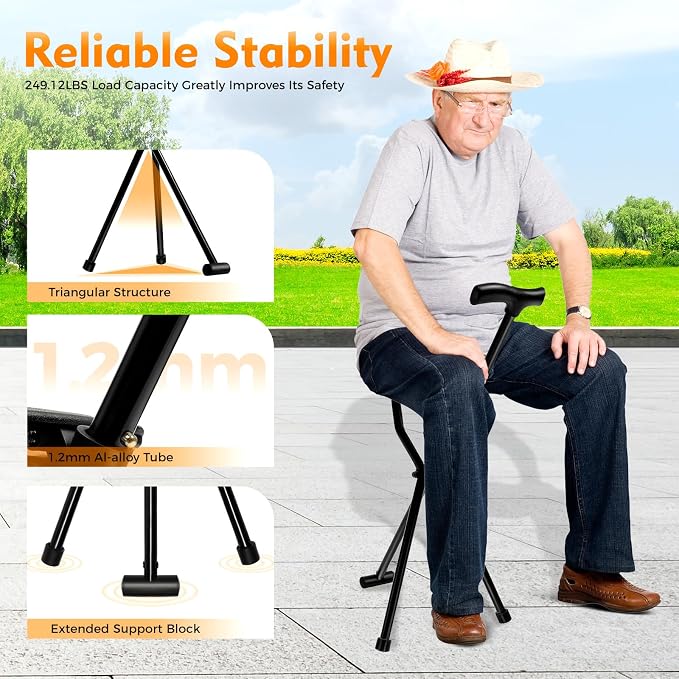 Cane Chair,Walking Cane,35.4 Inches Tall Multi-Functional Foldable Three-Legged Stool, Folding Cane with Seat, Supports Up to 249.12Lbs, Suitable for Both The Elderly and Young