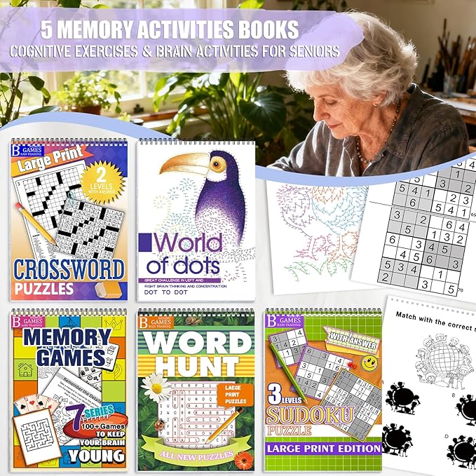 Vashly Large Print 300+ Memory Activities for Seniors: 5-in-1 Set Brain Exercise Books with Sudoku, Crossword, Word Hunt, Dot to Dot, A4 Thick Paper Spiral Bound, Gift for Elderly Adults