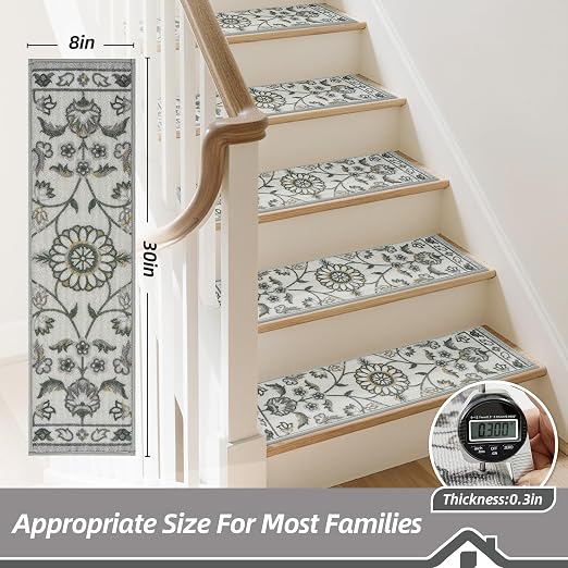 BEQHAUSE Stair Treads for Wooden Steps, 8"X30", 15pcs, Grey | Non-Slip Machine Washable Carpet Stair Treads, TPE Backing, 100% Polyester, Soft Indoor Stair Runner for Kids Elders and Pets