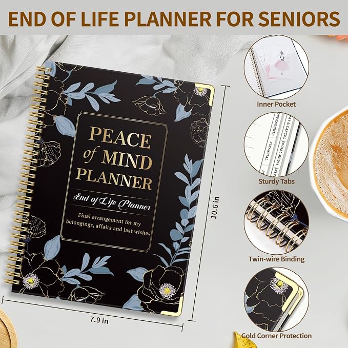 Peace of Mind Planner, Spiral End of Life Planner with Tabs for Senior, Guided Estate Planning Organizer for Final Arrangements & Important Affairs, 7.9"x10.6", Black