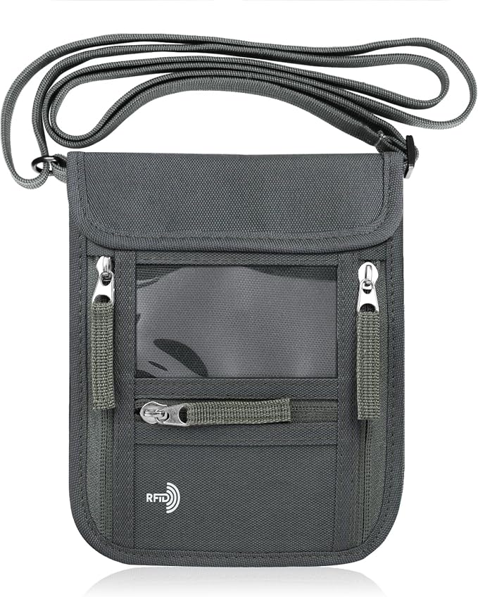 WALNEW Passport Holder Neck Pouch Travel Wallet for Women and Men, RFID Blocking Security Slim Traveling Wallet with Around Neck Lanyard Strap, Gray | Around Neck Lanyard Strap, Travel Safety Anti Theft Bag, Neck Wallet for Traveling Women Men