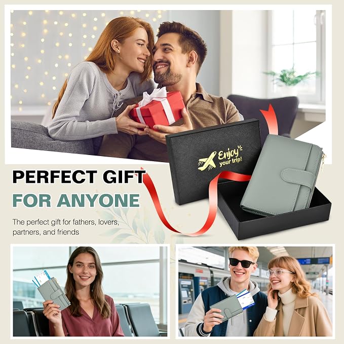 RFID Passport Holder for Travel, Leather Passport Wallet Cover with Airtag | with Airtag Slot, Card Cash Holders, Zippered Coins Pocket, for Women/Men, Gift Box, Travel Essentials, 4.1"L x 1"W x 6.3"H