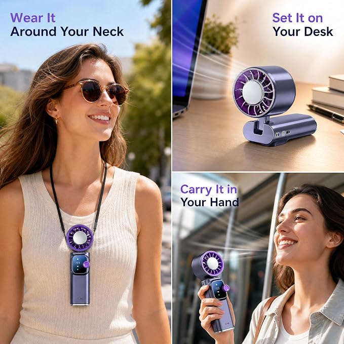 Portable Handheld Fan with Ice Cooling Personal Rechargeable Mini Neck Fan | 199-Speed 20000RPM 4000mAh Battery Powered up to 15hrs, LED Display Foldable & Hangable for Travel, Camping & Outdoor, Purple