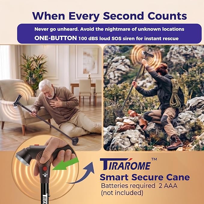 Walking Cane for Men & Women, 3-in-1 Folding Cane with Alarm and Light, Adjustable, Collapsible Walking Stick for Seniors Balance with a Second Handle