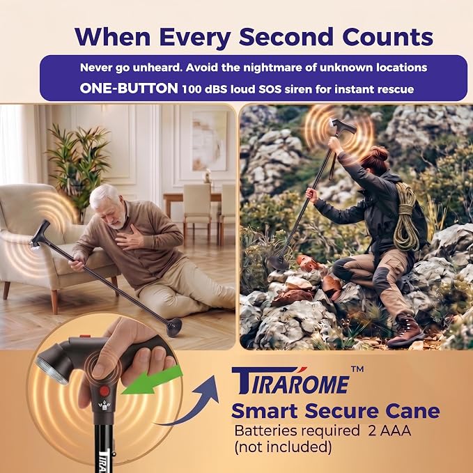 Walking Cane for Men & Women, 3-in-1 Folding Cane with Alarm and Light, Adjustable, Collapsible Walking Stick for Seniors Balance with a Second Handle