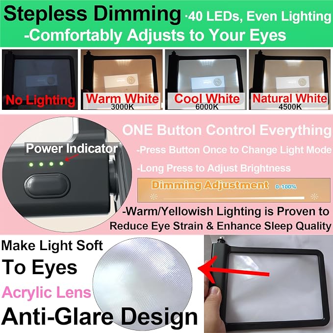Hands-Free Magnifying Glass with Light, Rechargeable for Seniors | Large 4.6"×6.5" antiglare lens, 40 LEDs, 3 colors. Detachable neck, stand, handheld. For reading, craft, cross stitch, sewing