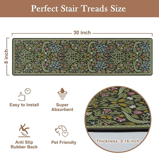 OJIA Stair Treads Non-Slip Stair Runner for Wooden Steps Indoor 15PC 30"x8" | Carpet Stair Treads Floral Stair Mats Staircase Step Treads for Kids, Elders and Dogs, Stair Covers, Green