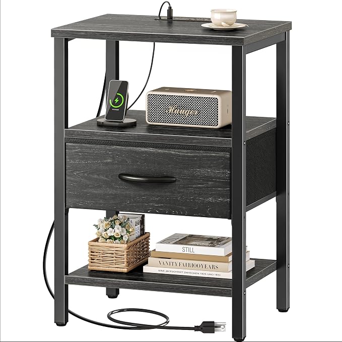 SUPERJARE Nightstand with Charging Station, USB-C Port, Bedside Table | Night Stand for Bedroom, with Adjustable Fabric Drawer, 3-Tier Storage End Table, for Living Room