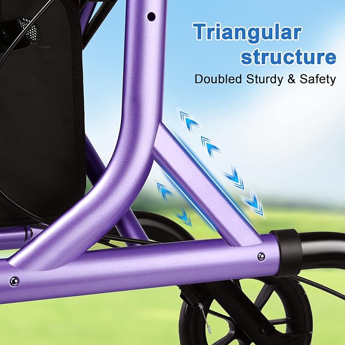 WALK MATE Rollator Walker for Seniors with Cup Holder, Upgraded Thumb Press Button for Height Adjustment, 4 x 8 Wheels Walker with Seat Padded Backrest Folding Lightweight Walking Aid, Purple