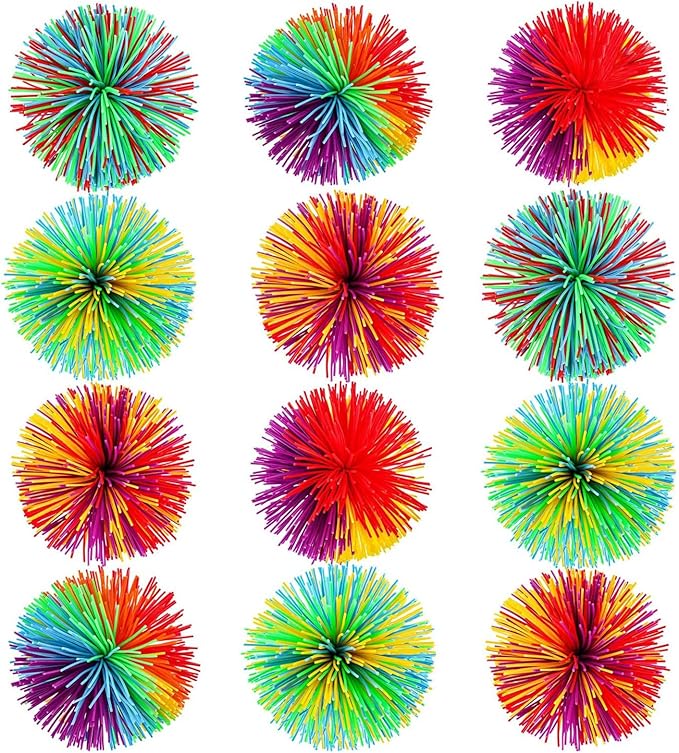 Leinuosen 12 Pieces Stringy Balls Sensory Stringy Ball Soft Rainbow Pom Bouncy Stress Bags Stocking Stuffers Party Favors Birthday Gifts, Multicolor (2.75 Inch)