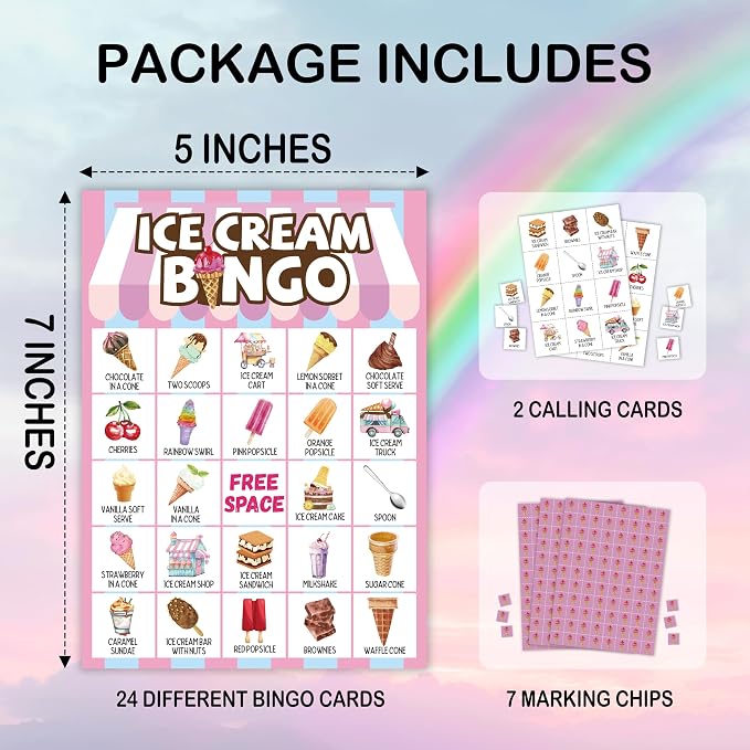 Ice Cream Bingo Card, Sweet Treats Bingo Game for Adults Family Friends, Summer Party Favors Decorations, Ice Cream Game for Birthday Party, Holiday Games for 24 Players -18