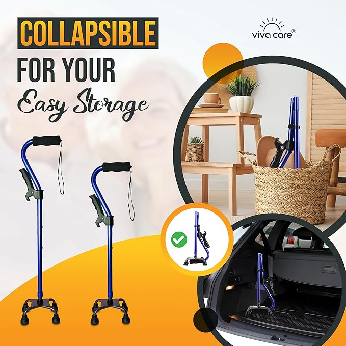 VIVA CARE Walking Cane with 4 Prongs and Extra Side Handle – Adjustable, for Balance & Stability for Adults, Seniors, and Injured.