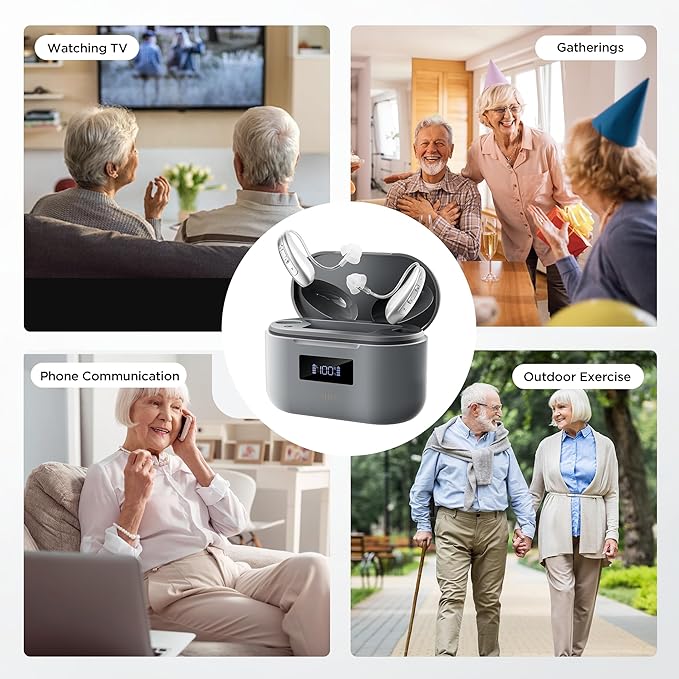 Rechargeable OTC Hearing Aids for Seniors & Adults （NewHear ）16-Channel Digital Sound, Smart Noise Cancellation, Super Mini Invisible BTE Design, Charging Case, 5-Day Battery, Light Gray