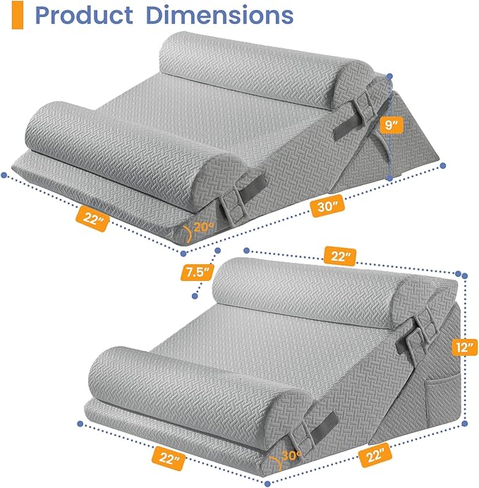 Sasttie Wedge Pillow Set for After Surgery, 3PCS Adjustable Bed Wedge Pillow Headboard with Memory Foam Neck Cushion – for Acid Reflux, Sleeping, Neck & Back Support, Dark Grey