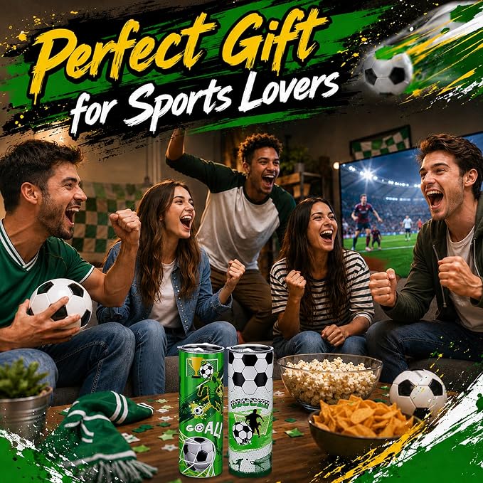 Geiserailie 2 Pack Soccer Tumbler Cups Gifts 20 oz Insulated Stainless Steel Sports Travel Mug with Lids Straws for Christmas Father's Day Men Dad Soccer Lovers Fans