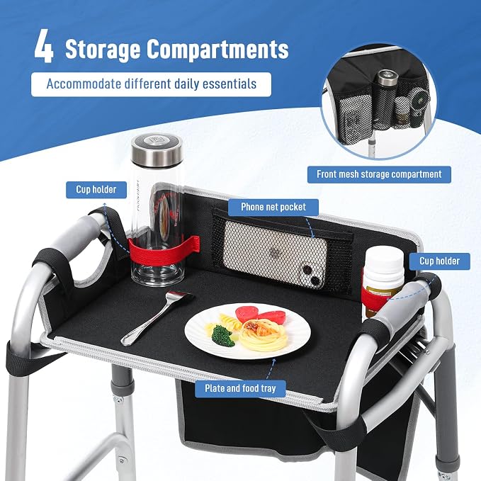 JFMkaer Walker Tray with Cup Holder – Folding Walker with Pockets & Non Slip Mat for Food,Mobility Trays Fits Most Standard Folding Walkers,Walker Accessories for Elderly