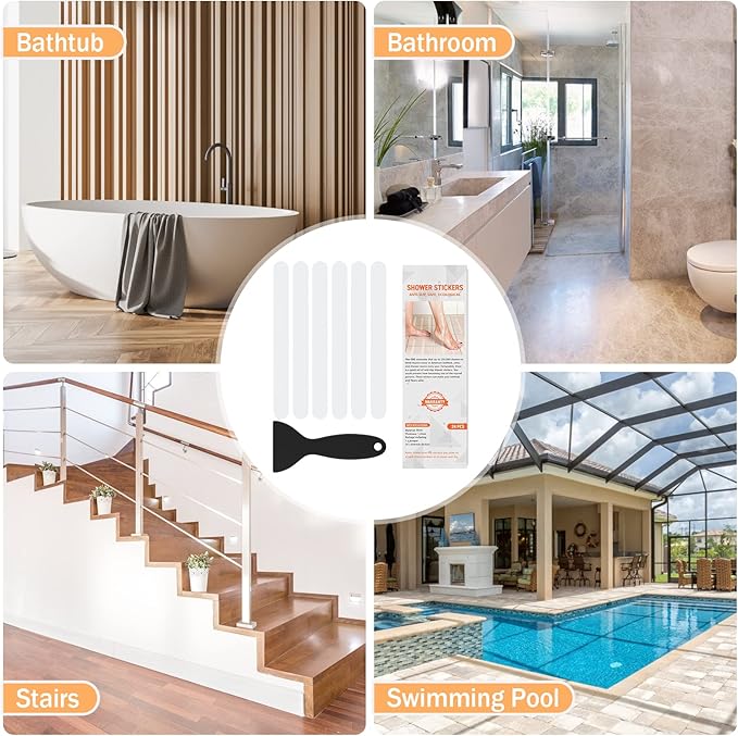 Non Slip Bathtub Stickers, 24 PCS Shower Stickers for Safety Bathroom Tubs, Bathtub Non Slip Stickers and Adhesive Decals Scraper for Bath Tub, Shower Floor, Stairs, Ladders(White)
