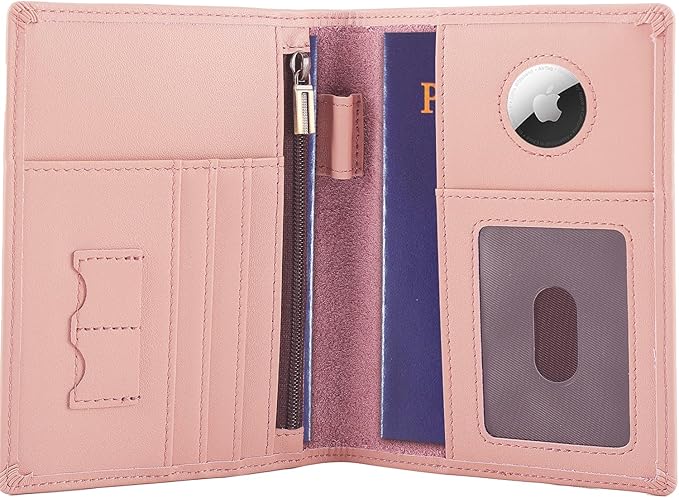 STAR VISTA Phoenix Leather Passport Holder, Calfskin Leather Travel Wallet - RFID Blocking, ID Window, Zipper Pocket, Pen & Notebook Included, AirTag Holder, Pale Pink