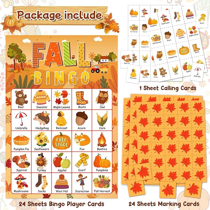 24 Players Fall Bingo Card Autumn Bingo Games for Kids Autumn Harvest Card Game Fall Crafts for Family Fall Craft Supplies Thanksgiving Bingo Cards for Classroom Activities Party Favors