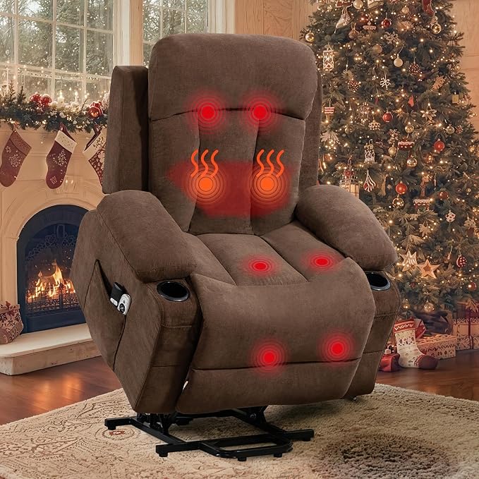 Power Lift Recliner Chair for Elderly, Electric Recliner with Vibration Massage, Lumbar Heat, USB Port & Cup Holders, Ergonomic Living Room Sofa, Brown