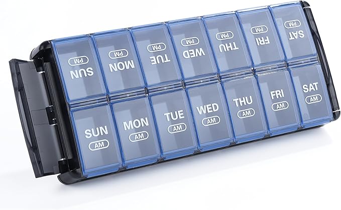 Sukuos Weekly Pill Organizer 7 Day 2 Times a Day, Quick Fill Daily Pill Box AM PM, Easy to Open Large Vitamin Cases (Blue)