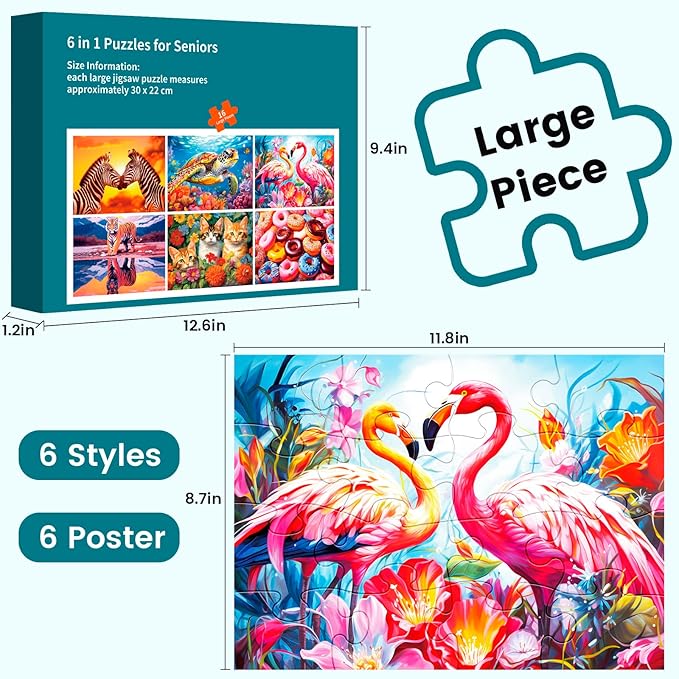 6 Packs 16 Piece Large Piece Jigsaw Puzzle Dementia Alzheimer's Products and Activities for Elderly Seniors Gift Easy Puzzle, Alzheimer's Puzzles Memory Cognitive Games with 6 Storage Bags