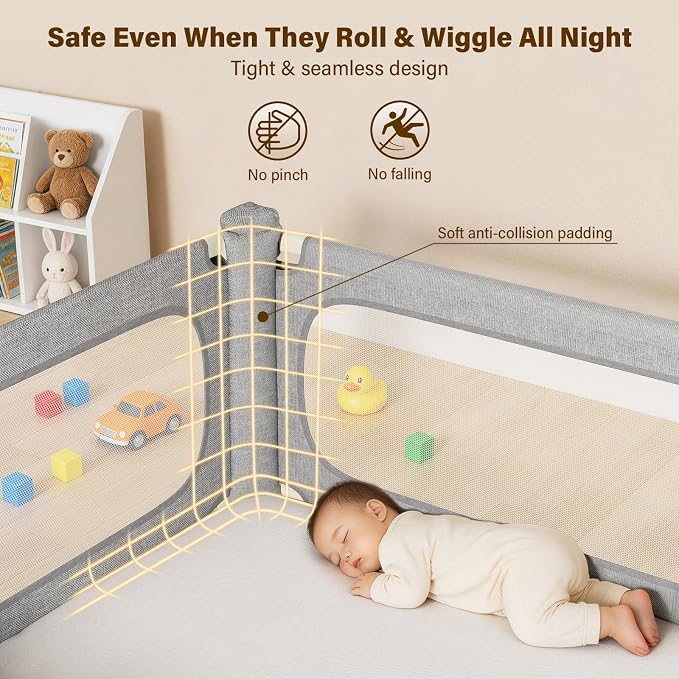 King Size Bed Rails for Toddlers: 3-Piece with Corner Cushion | Stable, Tool-Free Install, Fold-Down & Dual Safety Lock, Side Pocket, Adjustable for 2-13" Mattress, for Baby Co-Sleeping
