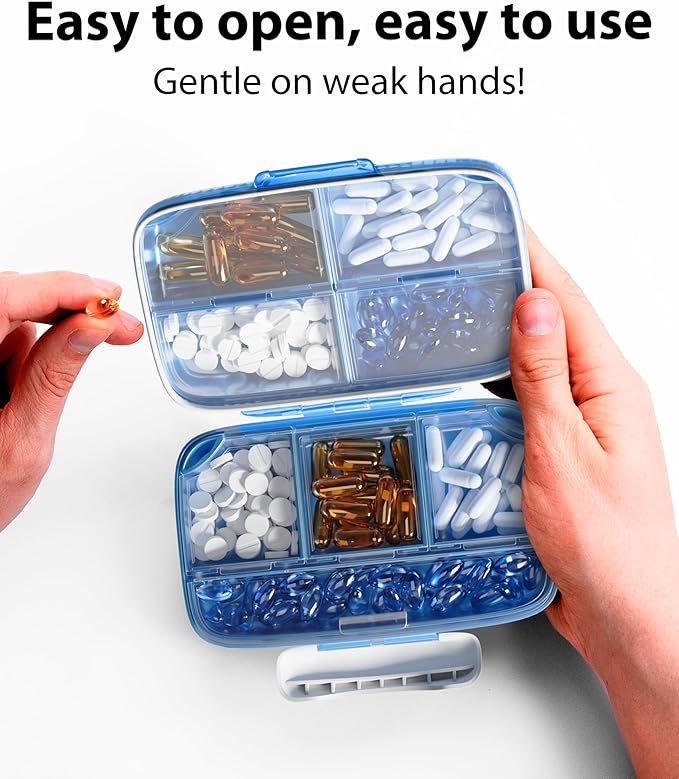 Travel Pill Organizer - Airtight Medicine Case for Traveling Portable Pharmacy Box with Labels Vitamin Container 8 Compartment Supplement Medication Holder Large Capacity Daily (Blue)