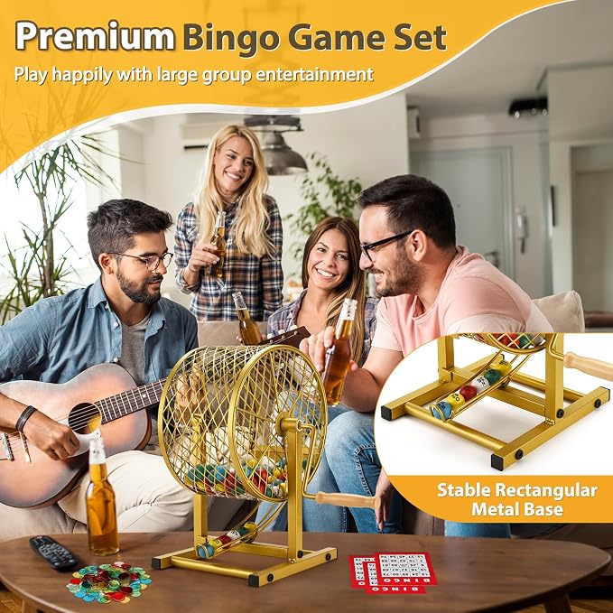 AugFir 12.6" Tall Bingo Game Sets with Steel Cage, Professional Bingo Game for Adults Includes 150 Colorful Chips, 30 Cards and 75 Balls, Great for Fun Family, Large Groups, Parties