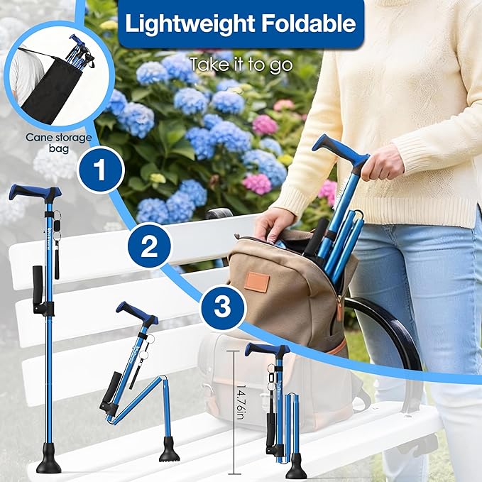 Walking Cane for Men & Women,Foldable,Adjustable,Self Standing Cane with Second Handle,350lbs Heavy Duty,All Terrain,Collapsible Walking Sticks for Seniors & Adults,Blue