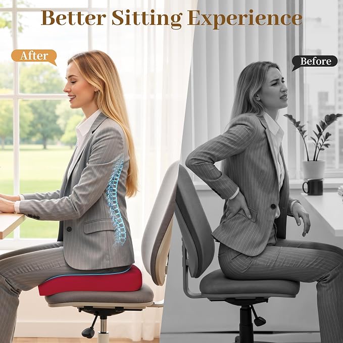 TranquilRelax XL Memory Foam Seat Cushion for Office Chair, 3.35-Inch, Red | Medium-firm Support for Long Sitting, Washable Mesh Cover, Non-slip Base, Perfect for Car Seats & Short Drivers